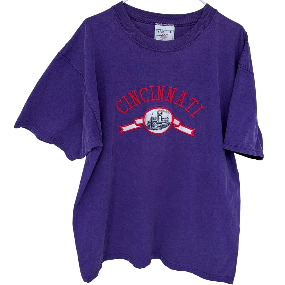 Vintage 80s 90s Cincinnati Steamboat T Shirt Lg Santee Hvywt Embroidered Purple‎